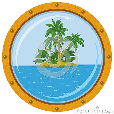 Island with palm and bronze ship window Vector Illustration