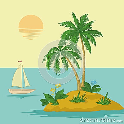 Island with palm and ship Vector Illustration