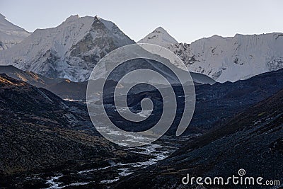 Island peak in a beautiful morning sunrise from Dingboche village, Himalayas range, Nepal Stock Photo