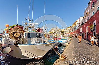 Island of Ponza, Italy. August 16th, 2017. Generic view on the dock near the port, with boats and fishing boats Editorial Stock Photo