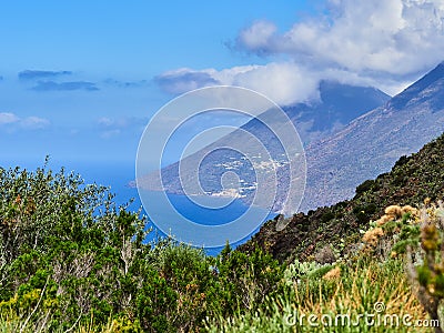 The Island of Salina seen from Lipari, Aeolian islands, Sicily, Italy Editorial Stock Photo