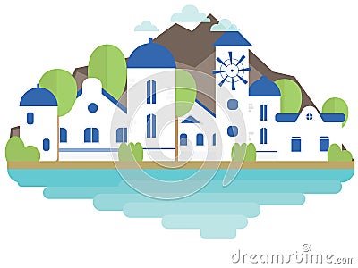 Island Santorini in flat style. Background, banner, card. Vector Illustration