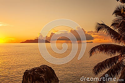 Island Silhouette and Island North, Island Mahe, Republic of Seychelles, Africa Stock Photo