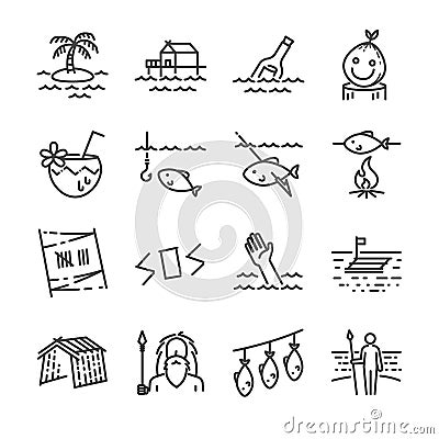 Island survival line icon set. Vector Illustration