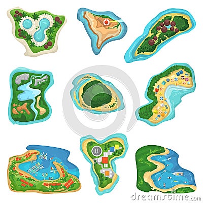 Island vector islet or peninsula with beach and ocean sea illustration set of paradise isles or peninsular tropical Vector Illustration