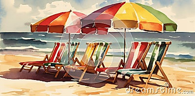 beach vacation rest background resort chair sunny umbrella relax summer watercolor. Generative AI. Stock Photo