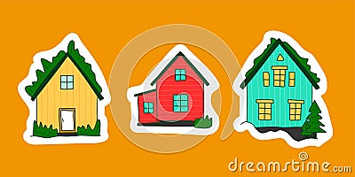 Islandic cute rustic houses stickers set. Bright red blue yellow nordic house with grass roof. Typical norway rural buildings. Vector Illustration