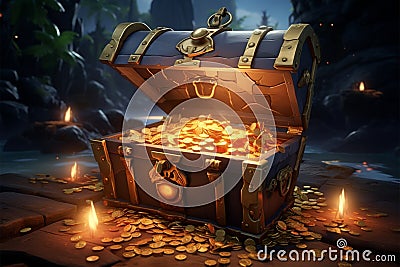 Islands allure treasure chest reveals a hoard of golden coins Stock Photo