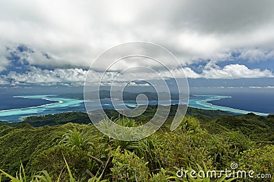 Islands and lagoon of Tahaa and Bora Bora from Raiatea Stock Photo