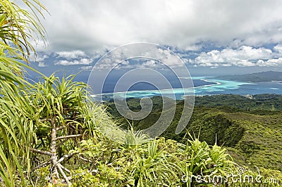 Islands and lagoon of Tahaa and Bora Bora from Raiatea Stock Photo