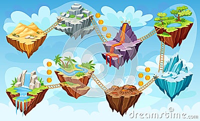 Islands level map. Adventure game play stage, road award fantasy island levels flying land platform bridge in sky Vector Illustration