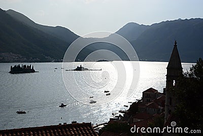 Islands silhouettes in Bay of Kotor. Montenegro Stock Photo