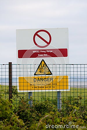 MoD warning signs at the edge of a firing range Editorial Stock Photo