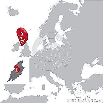 Isle Of Man Location Map on map Europe. 3d Isle Of Man flag map marker location pin. High quality map Isle Of Man for your web sit Vector Illustration