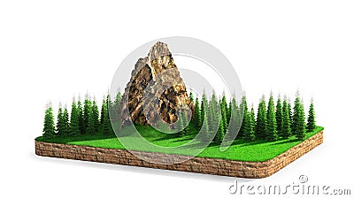 Isle. A piece of land with mountains and conifers. Cartoon Illustration