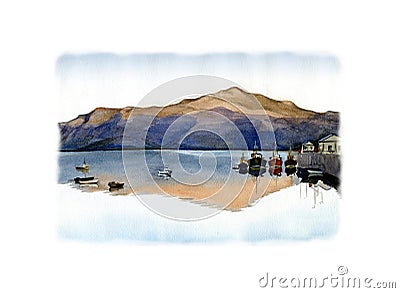 Isle of Skye harbour, Scotland, England. Watercolor hand drawn landscape with white frame. Stock Photo