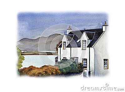 Isle of Skye traditional house, Scotland, England. Watercolor hand drawn landscape Stock Photo