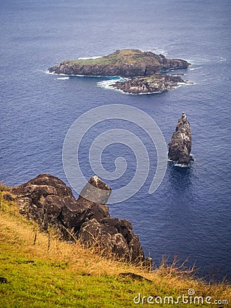 The islets or Motus from the Rano Kao volcano on Easter Island. Rapa Nui Stock Photo