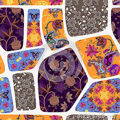 Islets of multicolored fabrics with paisley and flowers on an abstract geometric white and gray background. Seamless patchwork Vector Illustration