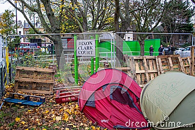 ISLINGTON, LONDON, ENGLAND- 18 November 2020: Save Our Trees protest camp at Dixon Clark Court Editorial Stock Photo