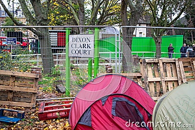 ISLINGTON, LONDON, ENGLAND- 18 November 2020: Save Our Trees protest camp at Dixon Clark Court Editorial Stock Photo