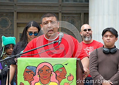 Ismael Armendariz, President of the Oakland Education Association speaking at a Teacher Strike Rally in Oakland CA Editorial Stock Photo