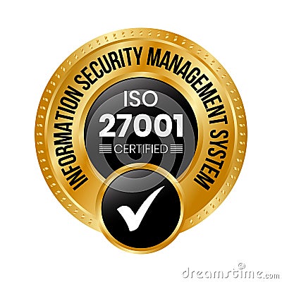 ISO 27001 Certified Badge Or Information Security Management System, ISO 27001 Vector Icon, Rubber Stamp, Seal, Label, Emblem, Vector Illustration