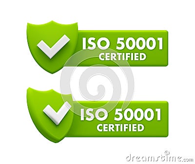 ISO 50001 Certified Badges - Energy Management Systems and Efficiency Standards Icons Vector Illustration