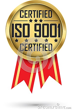 ISO 9001 certified gold label with red ribbon, vector illustration Vector Illustration