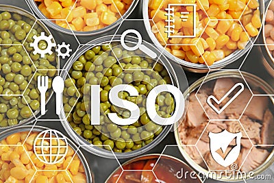 ISO 22000 - Food management. Open tin cans of conserved products, top view Stock Photo