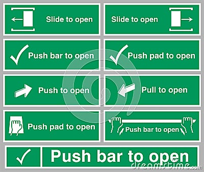 ISO 7010 graphical symbols for Slide Pull Push to Open Stock Photo