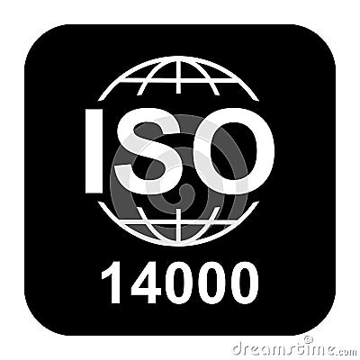 Iso 14000 icon. Environmental Management. Standard quality symbol. Vector button sign isolated on black background Vector Illustration