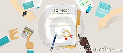 ISO 14000 management environmental standards business compliance to international organization hand audit check document Vector Illustration