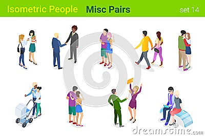 Isometric Casual People flat vector collection. Couple of people walking standing hugging sitting on Bench Vector Illustration