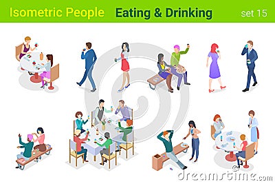 Isometric People eating and Drinking in Restaurant or Outdoor flat vector collection. Vector Illustration