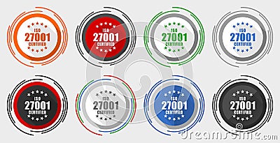 Iso 27001 vector icon set, modern design flat graphic in 8 options for webdesign and mobile applications Vector Illustration