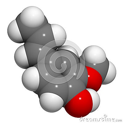 Isoeugenol fragrance molecule. 3D rendering. Atoms are represented as spheres with conventional color coding: hydrogen (white), Stock Photo