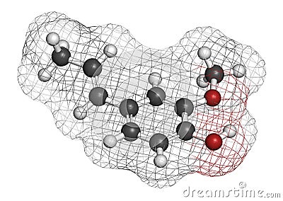 Isoeugenol fragrance molecule. 3D rendering. Atoms are represented as spheres with conventional color coding: hydrogen white,. Stock Photo
