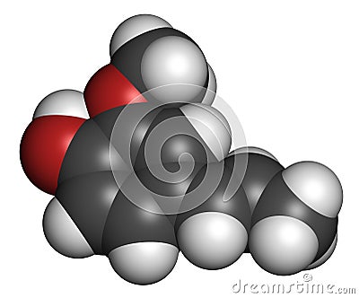 Isoeugenol fragrance molecule. 3D rendering. Atoms are represented as spheres with conventional color coding: hydrogen white,. Stock Photo