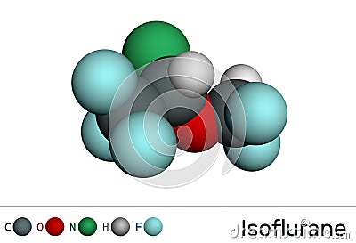 Isoflurane molecule, is inhalation anesthetic used for general anesthesia. Molecular model Stock Photo