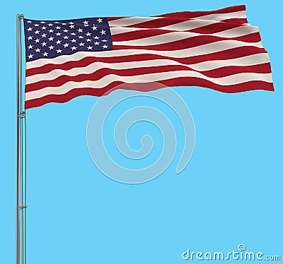 Isolate flag of USA on a flagpole fluttering in the wind on a blue background, 3d rendering Stock Photo