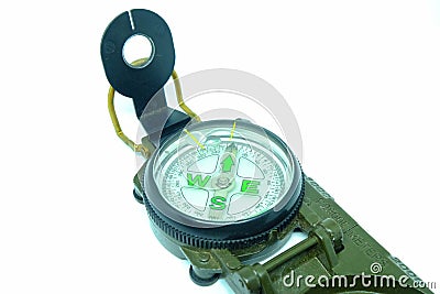 The isolate green military compass Portable to walk,Distance and Stock Photo