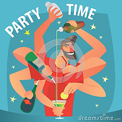 Isolate multi-armed bartender preparing cocktail Vector Illustration