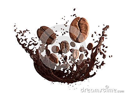 Isolate Object of coffee beans and splash of coffee. Stock Photo