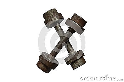 Isolate old vintage rusty metal dumbbells Stock Photo