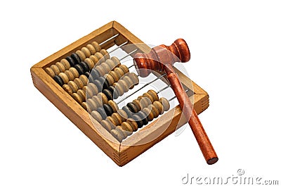 Isolate Wooden abacus with judge`s hammer for sentencing. Stock Photo