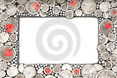 Isolate wooden frame with red hearts from wood cuts gray Stock Photo