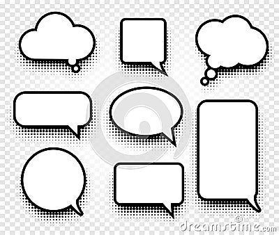 Isolated abstract black and white color comics speech balloons icons collection on checkered background, dialogue boxes Vector Illustration