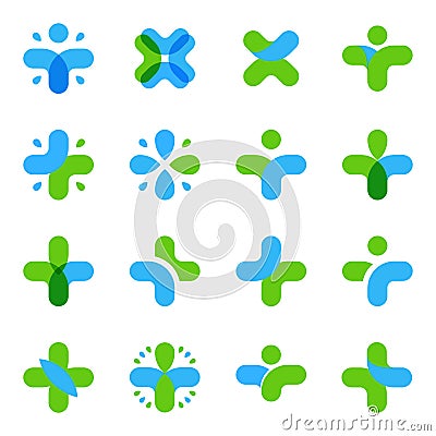 Isolated abstract blue, green color cross logo set. Medical logotype collection. Religious icon. Vector illustration Vector Illustration