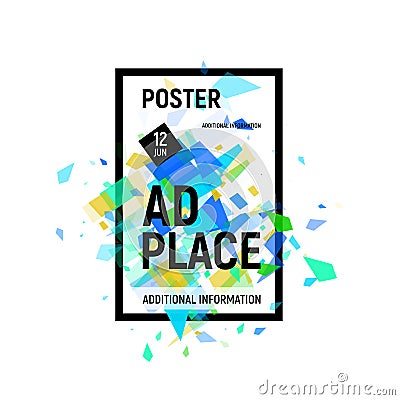 Isolated abstract colorful broken glass explosion in rectangular frame, ad place poster in blue shades,geometric Vector Illustration